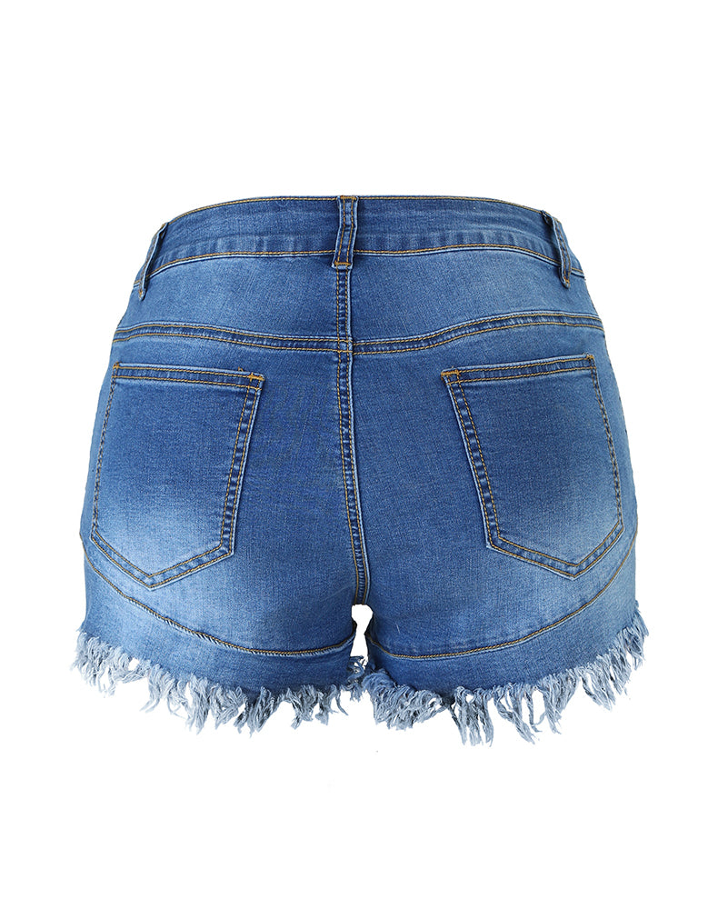 Plus Size Women's Stretch Ripped Denim Shorts Mid Waist Casual Frayed Raw Hem Distressed Jean Shorts