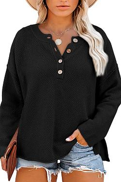 Women's Oversized Sweaters Batwing Long Sleeve Loose V Neck Button Henley Tops Pullover Knit