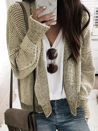 Contrast Trim Plaid Open-Front Knit Cardigan