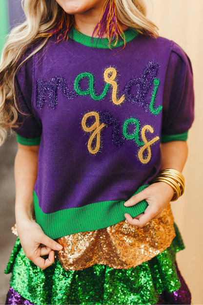 Purple Mardi Gras Tinsel Letter Short Sleeve Sweater Top