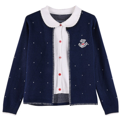 Girls Navy Knit Set with Peter Pan Collar
