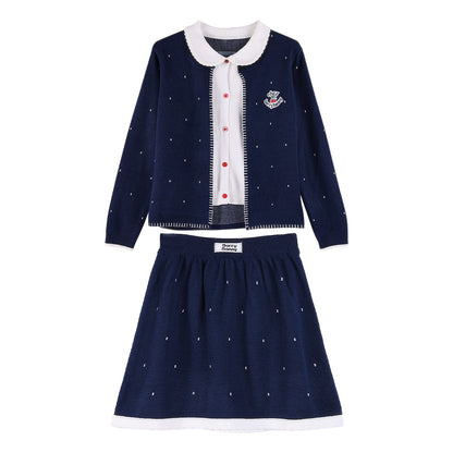 Girls Navy Knit Set with Peter Pan Collar