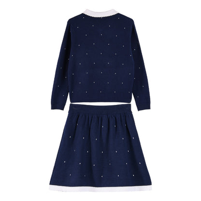 Girls Navy Knit Set with Peter Pan Collar
