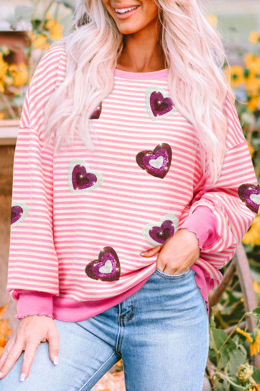 Pink Stripe Sequin Heart Long Sleeve Valentine Top