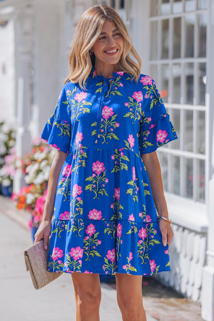 Floral Print V Neck Short Sleeve Tiered Mini Dress
