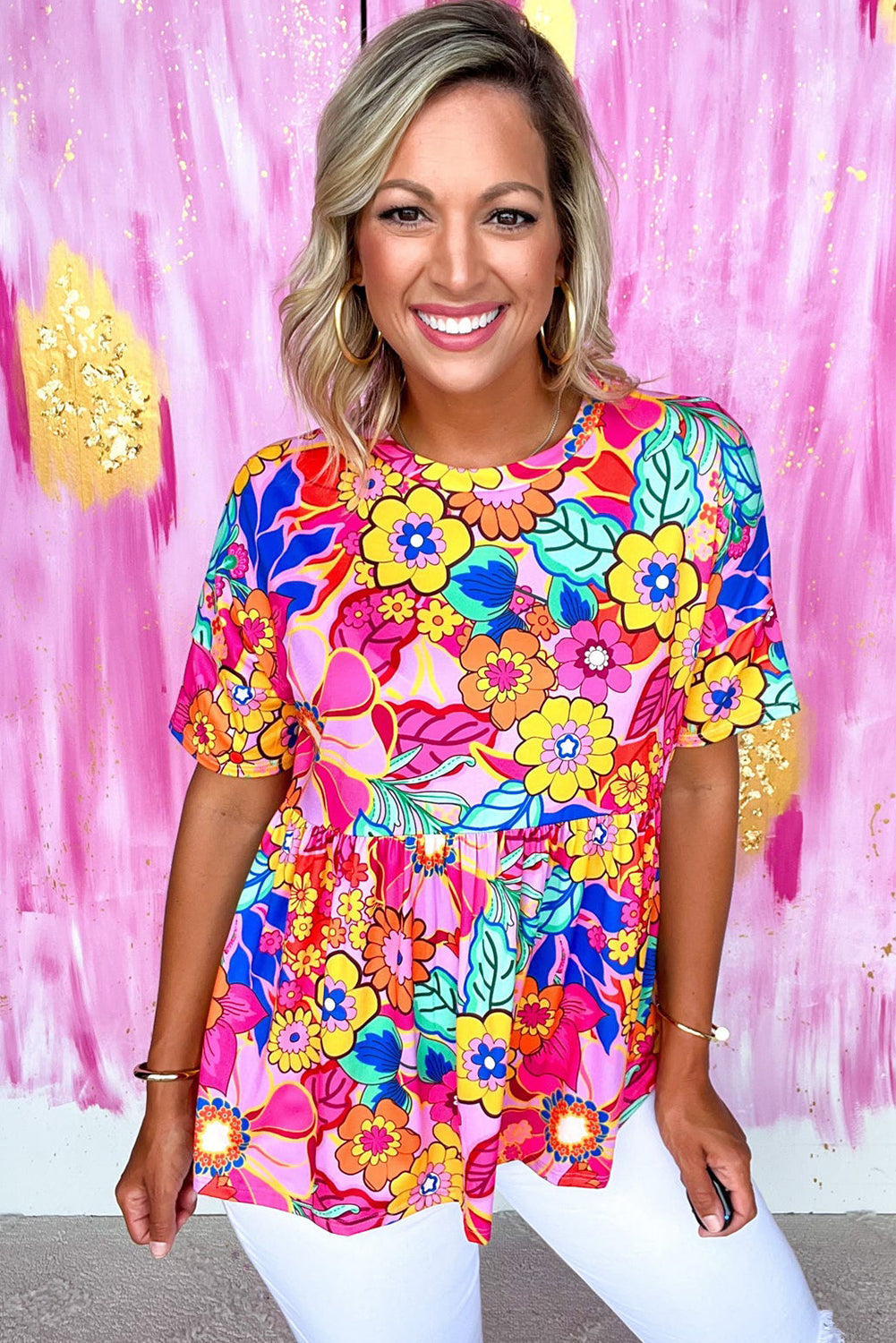 Colorful Floral Print Babydoll Top with Short Sleeves
