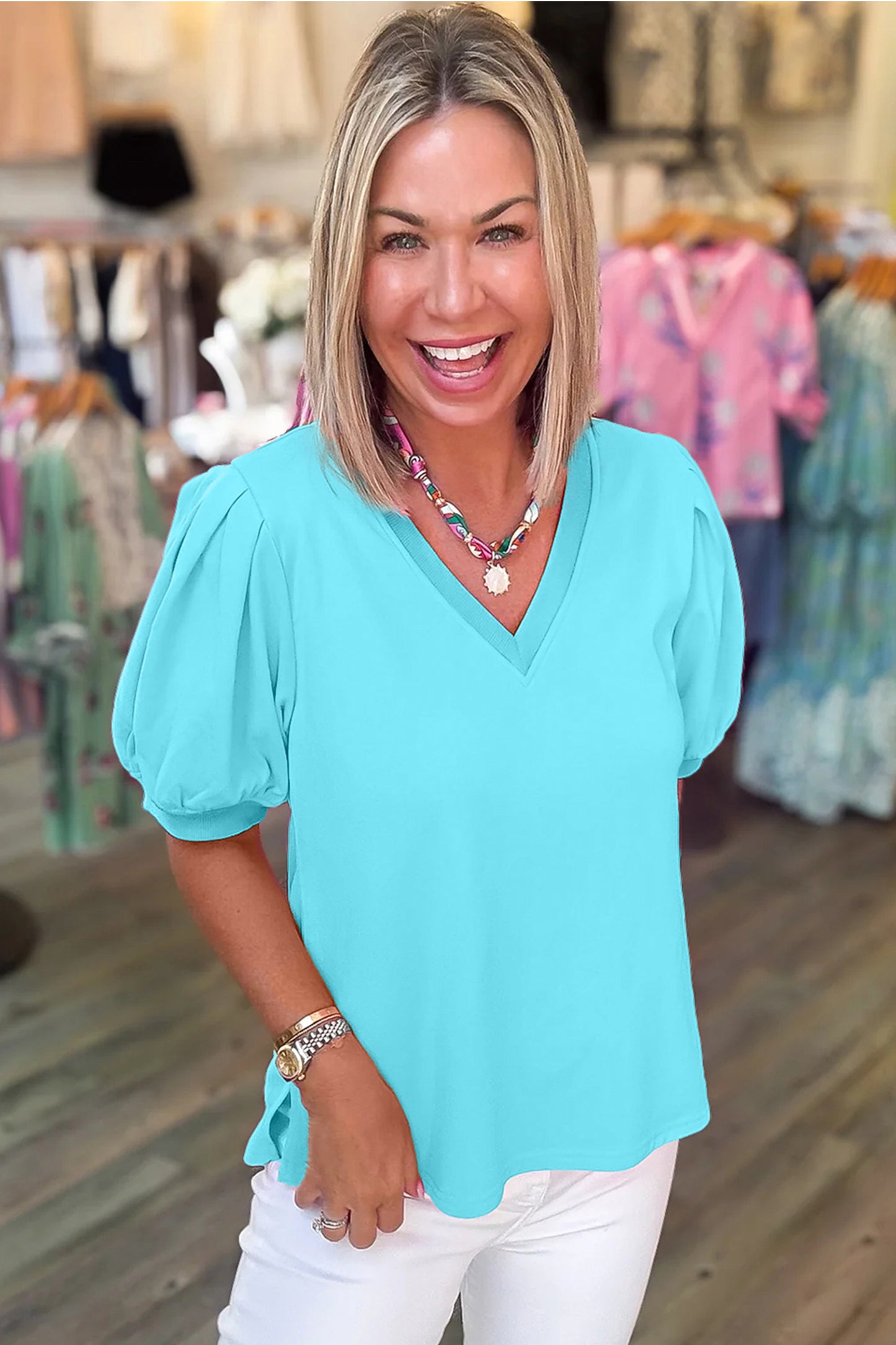 Womens V Neck Puff Sleeve Blouse Lightweight Casual Top