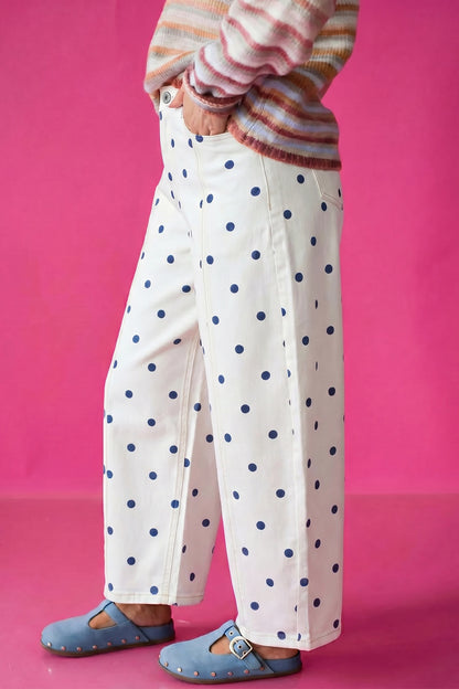 Blue Polka Dot Barrel Jeans High Waist Wide Leg Pants