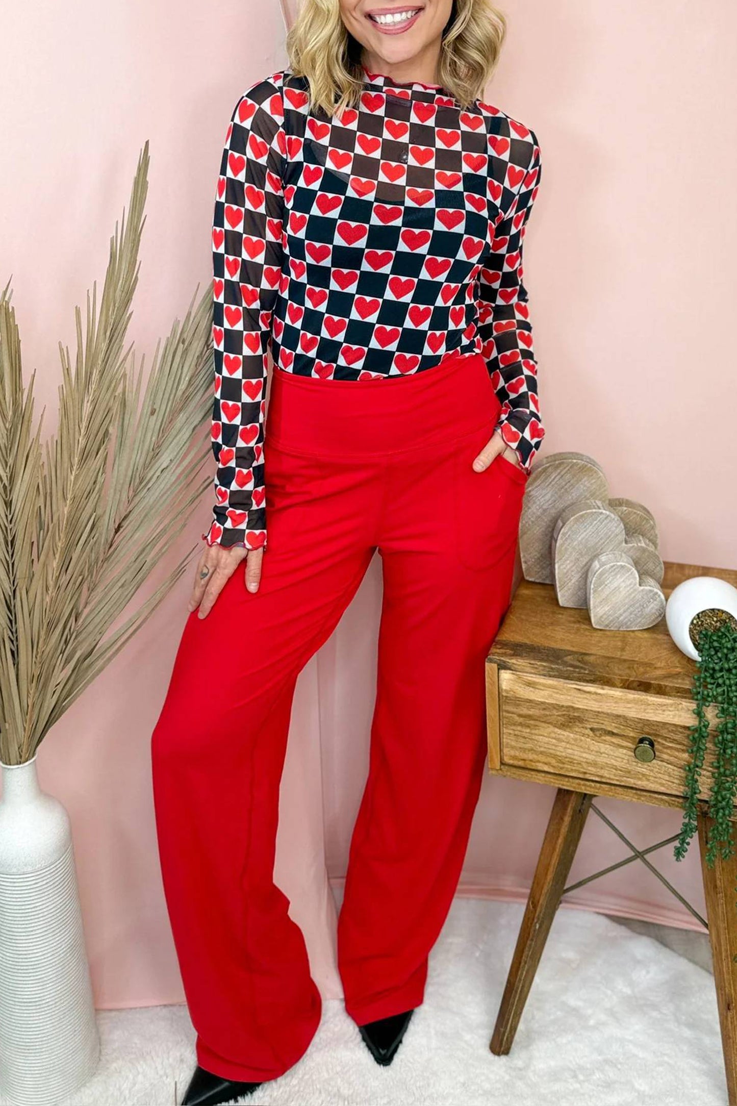 Rose Checkerboard Mesh Long Sleeve Fitted Top