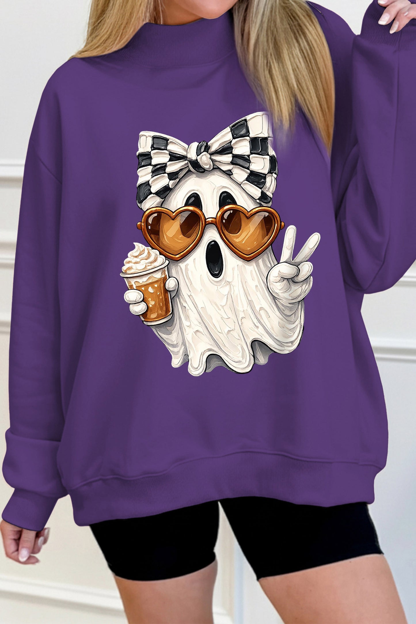 Halloween Ghost Graphic Mock Neck Sweatshirt