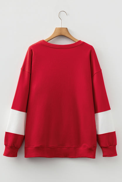 Red Color Block Oversized Sweatshirt Drop Shoulder Pullover