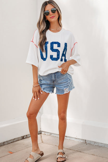 USA Ribbed Graphic Tee Loose Fit Patriotic Top