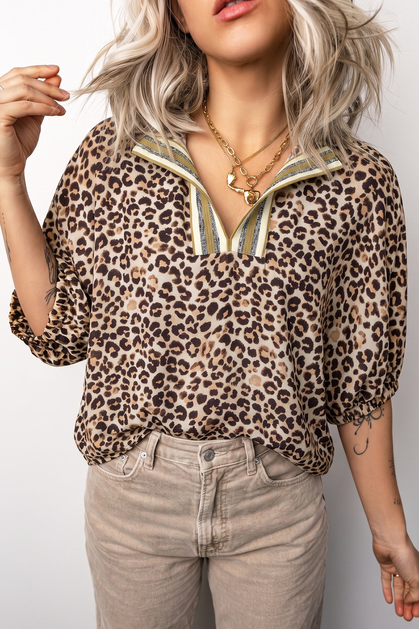 Leopard Print V Neck Contrast Trim Puff Sleeve Blouse