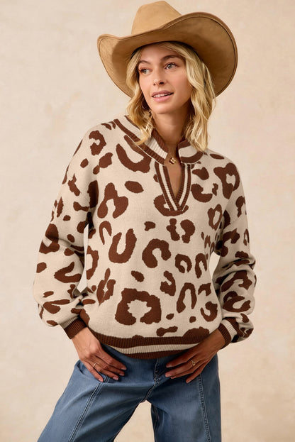 Leopard Print V Neck Sweater Casual Knit Pullover for Women