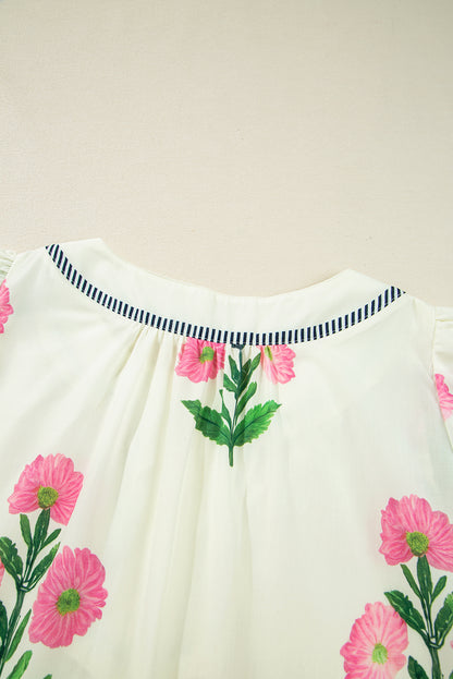 Easter Floral Split Neck Short Sleeve Mini Dress