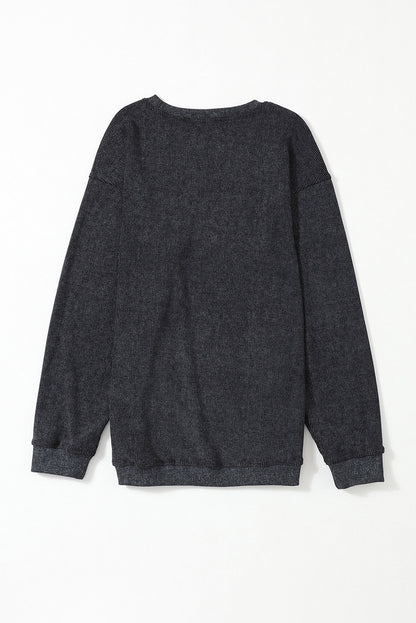 Customizable Solid Ribbed Knit Round Neck Casual PulloverSweatshirt