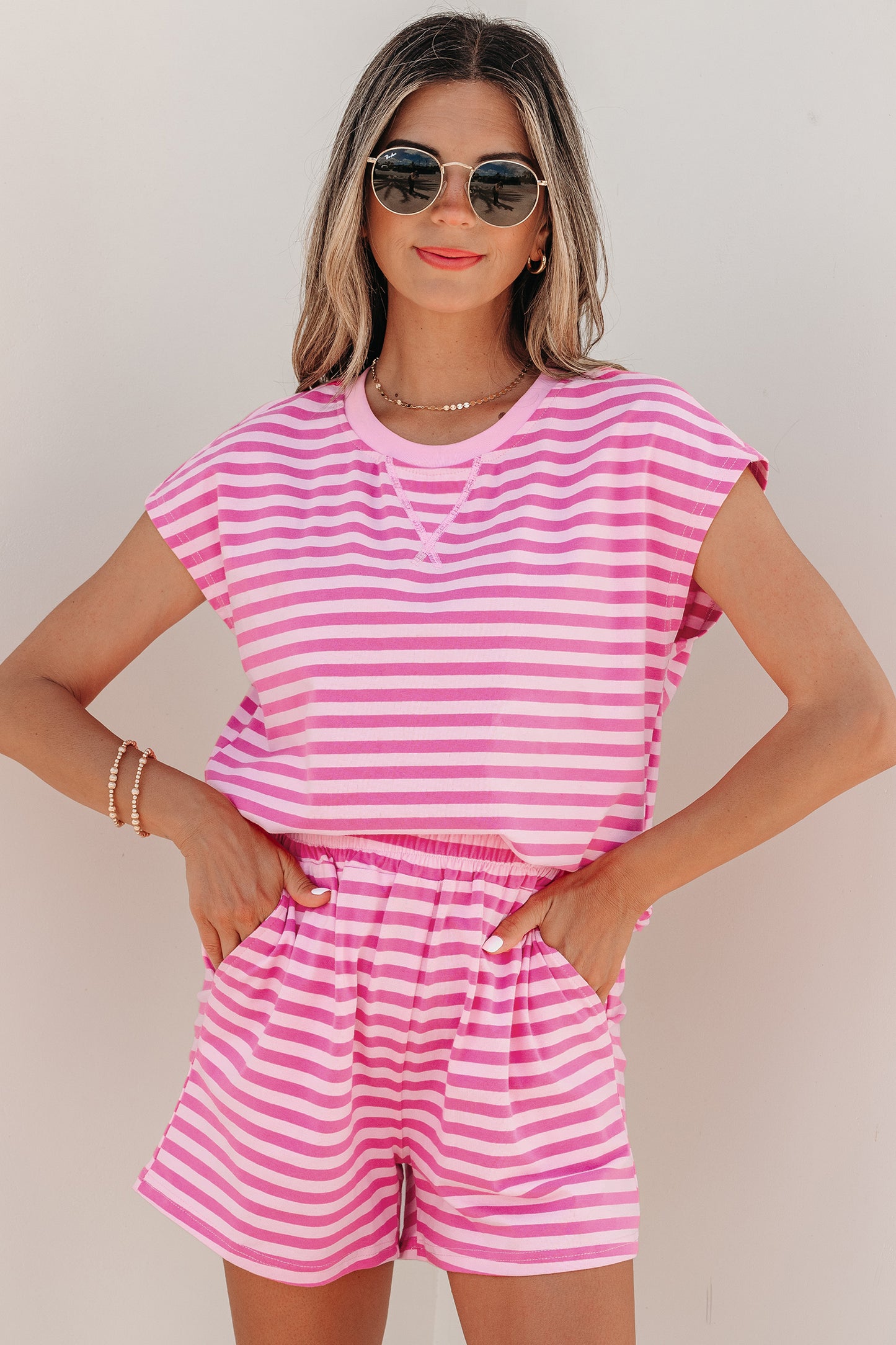 Pink Stripe Cap Sleeve Top and Elastic Waist Shorts Set