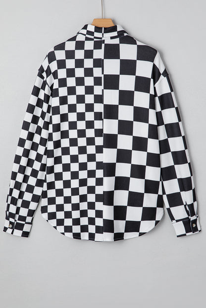 Checkerboard Print Flap Pocket Button Front Shacket