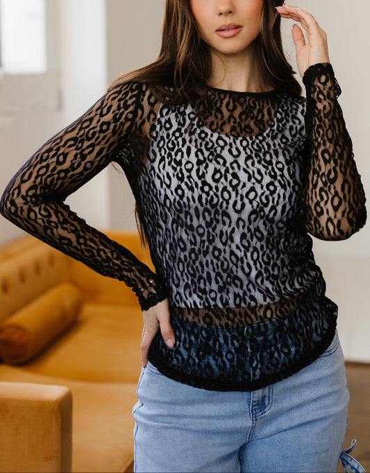 Leopard Mesh Long Sleeve Top Sheer Sexy Shirt Women