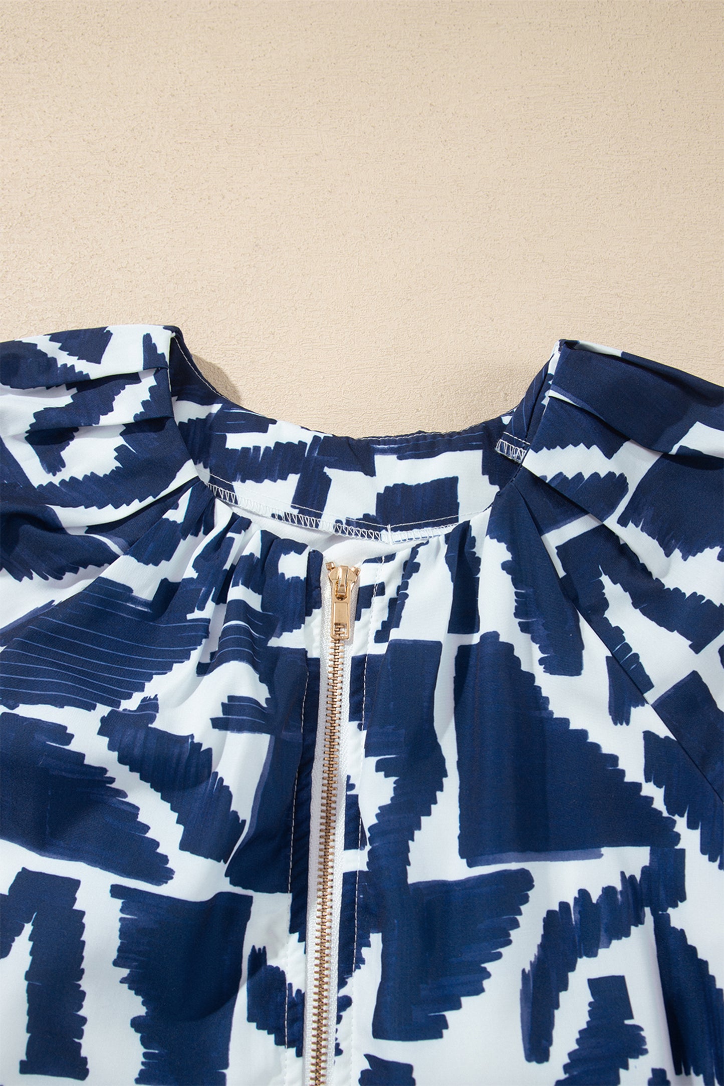 Blue Abstract Print Zip Front Tie Waist Mini Dress