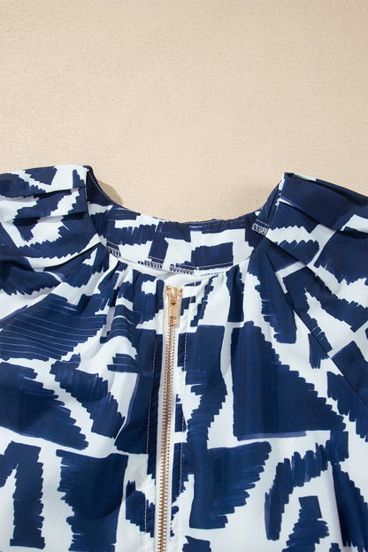 Blue Abstract Print Zip Front Tie Waist Mini Dress