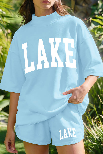 Mist Blue LAKE Graphic Lounge Set Oversized Tee and Shorts