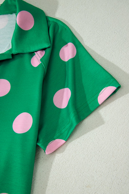 Green Polka Dot Lounge Set V Neck Tee and Shorts