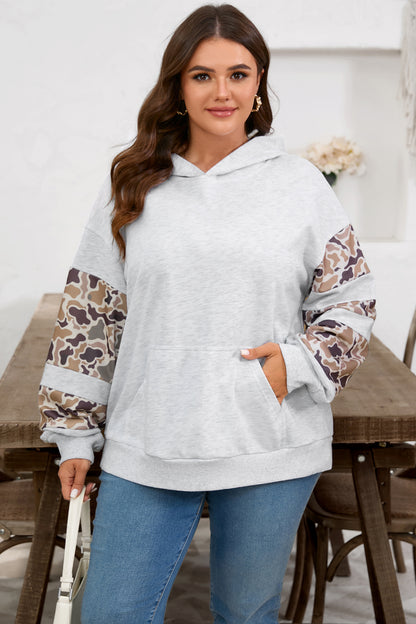 Light Gray Camo Patchwork Hoodie with Asymmetric Sleeves