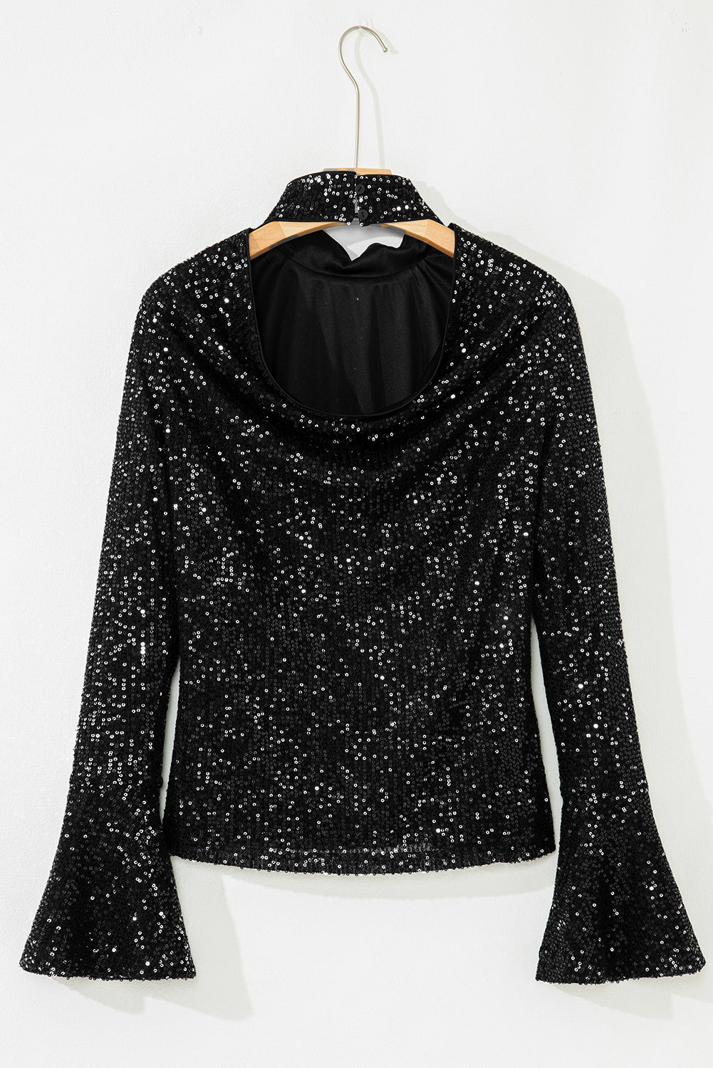 Sparkly Black Sequin Mock Neck Open Back Bell Sleeve Top