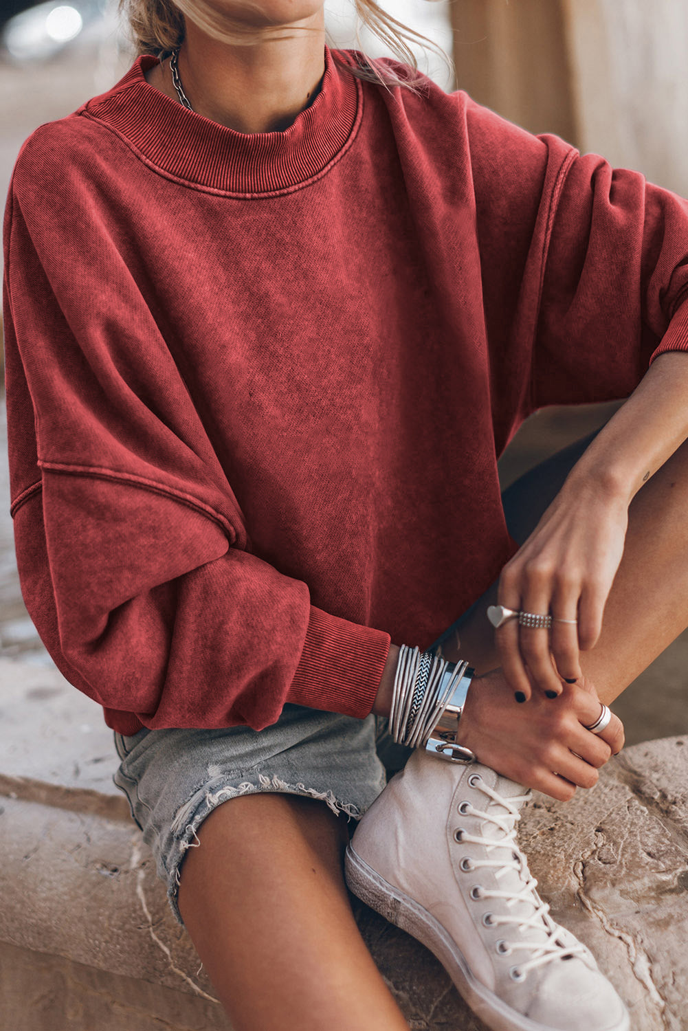 Washed Green Drop Shoulder Crewneck Sweatshirt for Women