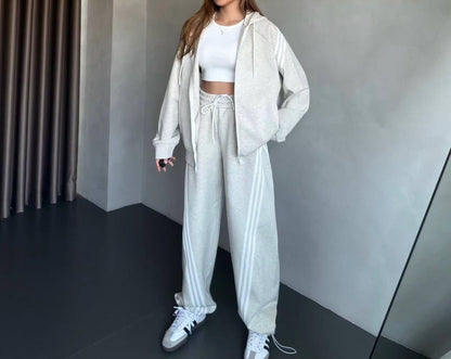 Women's Color Block Zip Hoodie & Wide Leg Pants Set