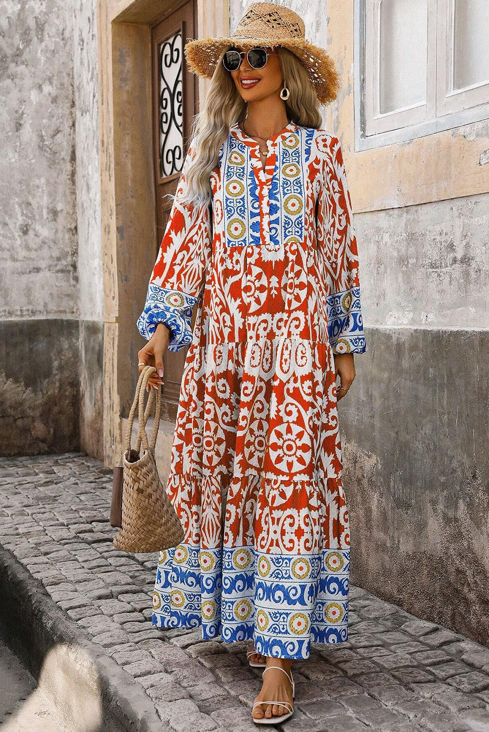 Orange Boho Geometric Printed Long Sleeve Maxi Dress