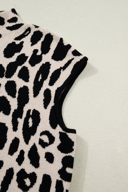 Leopard Print High Neck Short Sleeve Knit Top