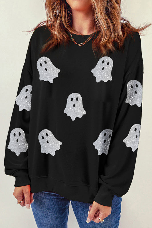 Halloween Glitter Ghost Pattern Drop Shoulder Sweatshirt