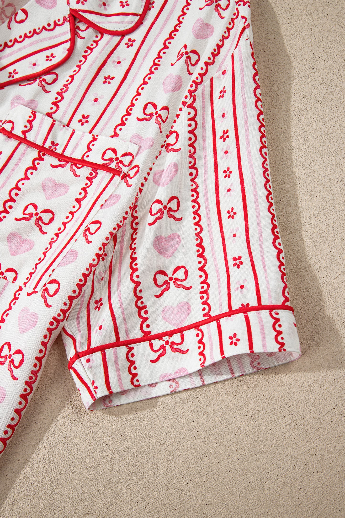 Valentines Heart Bow Print Ribbon Trim 2 Piece Pajama Set