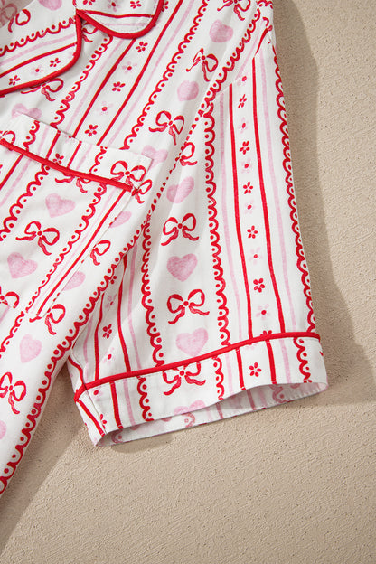 Valentines Heart Bow Print Ribbon Trim 2 Piece Pajama Set