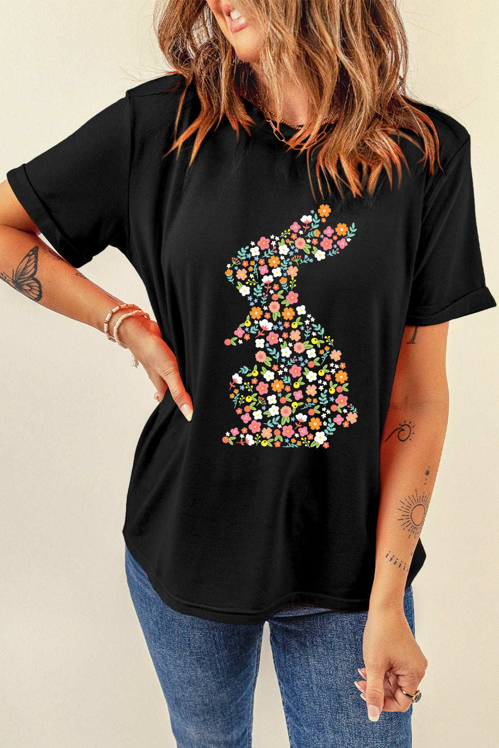 Easter Floral Bunny Graphic Short Sleeve T Shirt