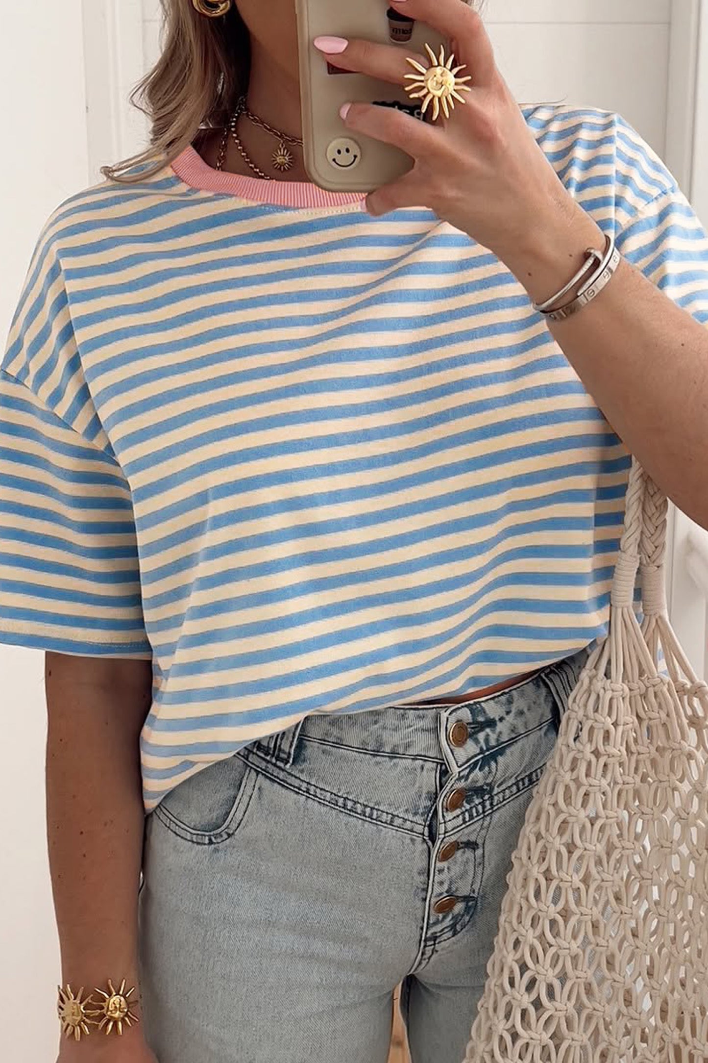 Sky Blue Striped Contrast Neck Drop Shoulder Loose Tee