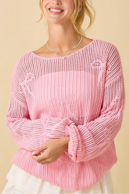Lightweight Crochet Knit Boat Neck Sweater Top Pink