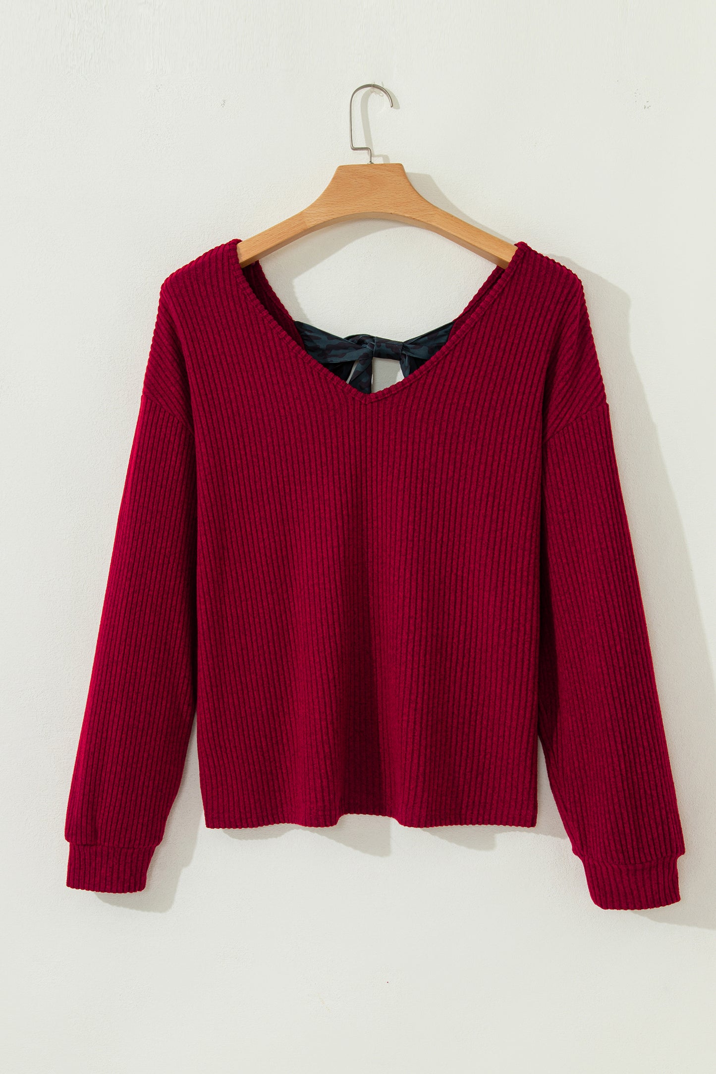 Bow Back Ribbed Knit V Neck Long Sleeve Top