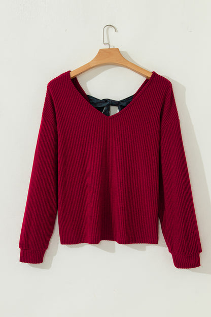 Bow Back Ribbed Knit V Neck Long Sleeve Top