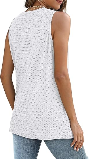 Sleeveless Eyelet Knit Tank Top with Crew Neck