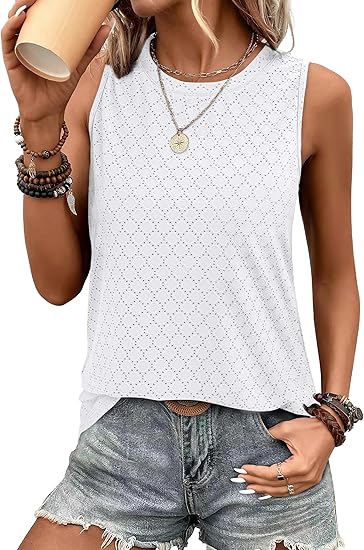 Sleeveless Eyelet Knit Tank Top with Crew Neck