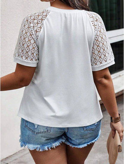 Women's Plus Size Contrast Lace Short Sleeve Tee Round Neck Summer T Shirt Tops