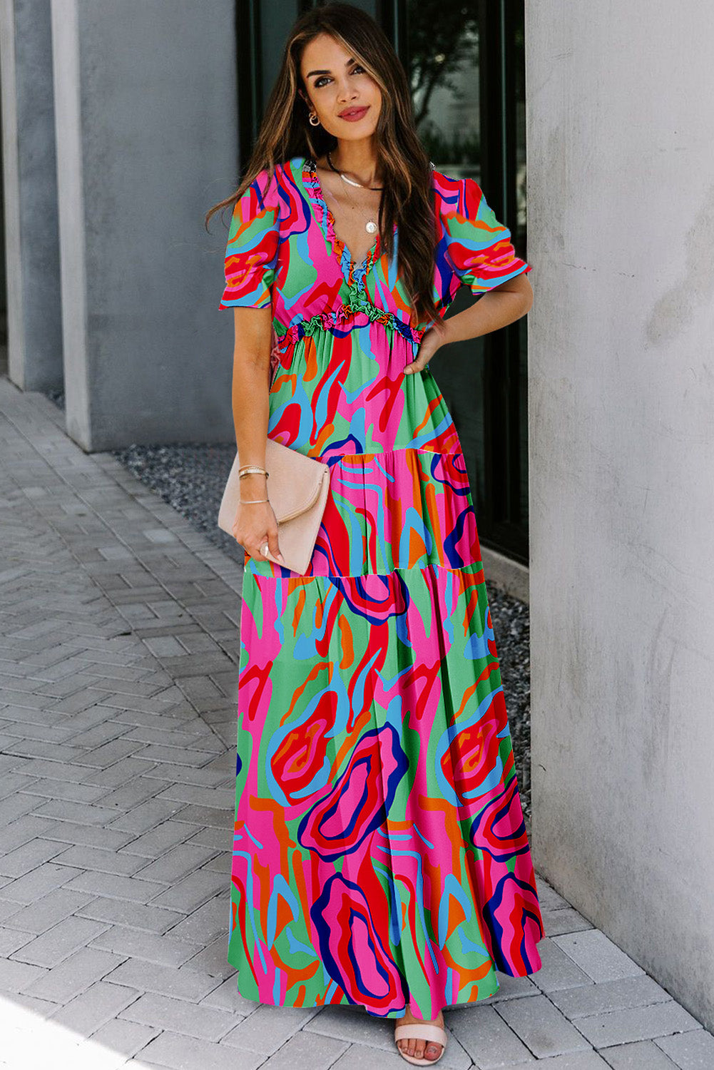 Sky Blue Floral V Neck Ruffle Short Sleeve Maxi Dress