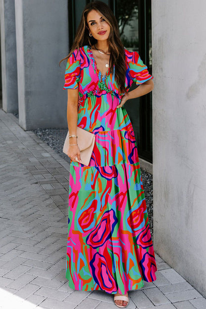 Sky Blue Floral V Neck Ruffle Short Sleeve Maxi Dress