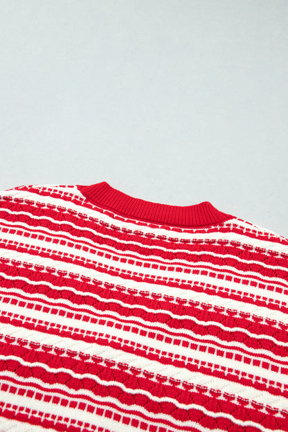Red Geometric Stripe Button Front Knit Cardigan
