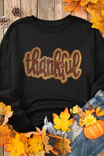 Black Thankful Glitter Graphic Drop Shoulder Sweatshirt