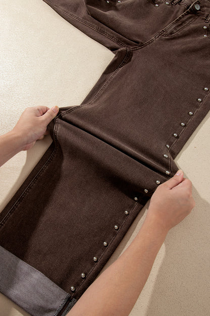 Black Studded Detail Straight Leg Casual Loose Jeans