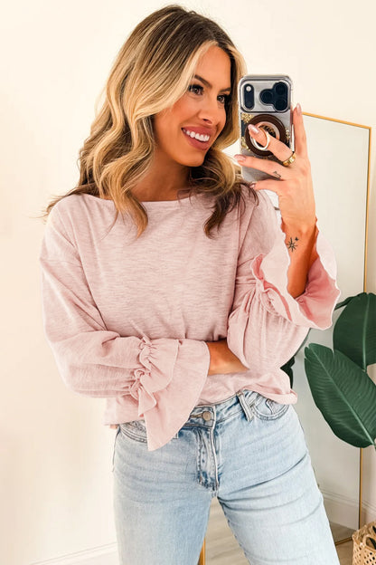 Gossamer Pink Ruffle Sleeve Loose Long Sleeve Blouse Top